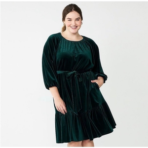 DRAPER JAMES Velour Dress‎ Long Sleeve Tiered Bow Back Green Women's size XXL